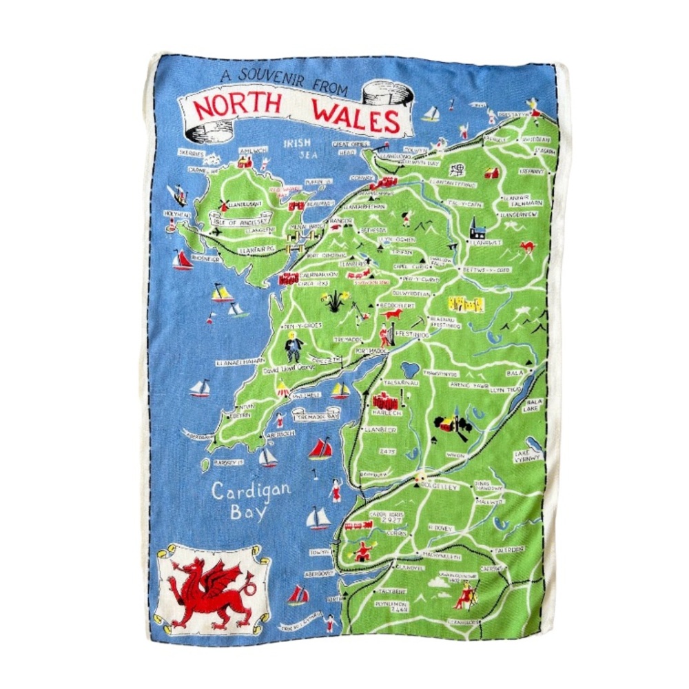 Vintage Fast Colours Linen Kitchen Towel North Wales Souvenir Map